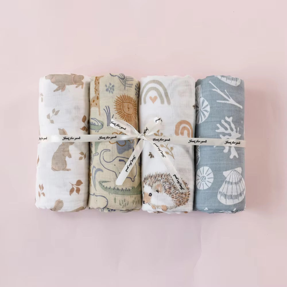 4PCS Gift Set Popular Digital Print Bamboo Cotton Muslin Swaddle Blankets 120*110Cm Newborn Baby Bath Towel Wrap