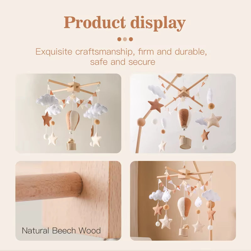 Baby Wooden Crib Mobile & Music Bed Bell — Hot Air Balloon Wind Chime Rattle Toy for Newborns, Baby Gift
