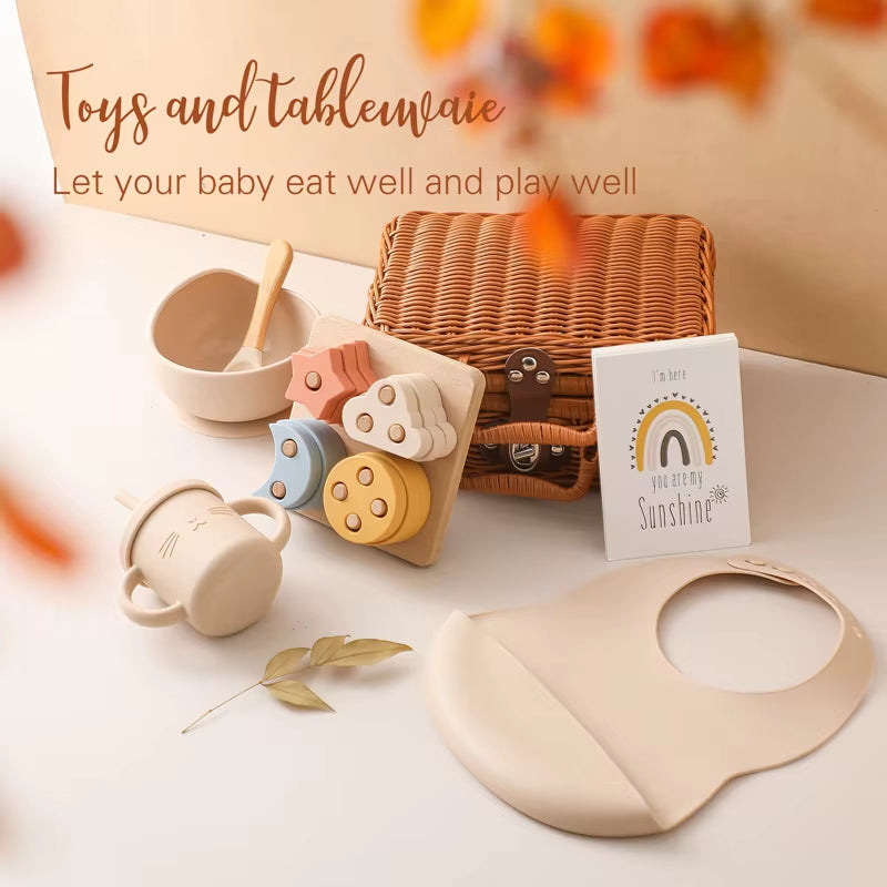 Baby Silicone Bib & Cat Cup Feeding Set + Wooden Rainbow Stacker Montessori Toys — Perfect Baby Gift Box