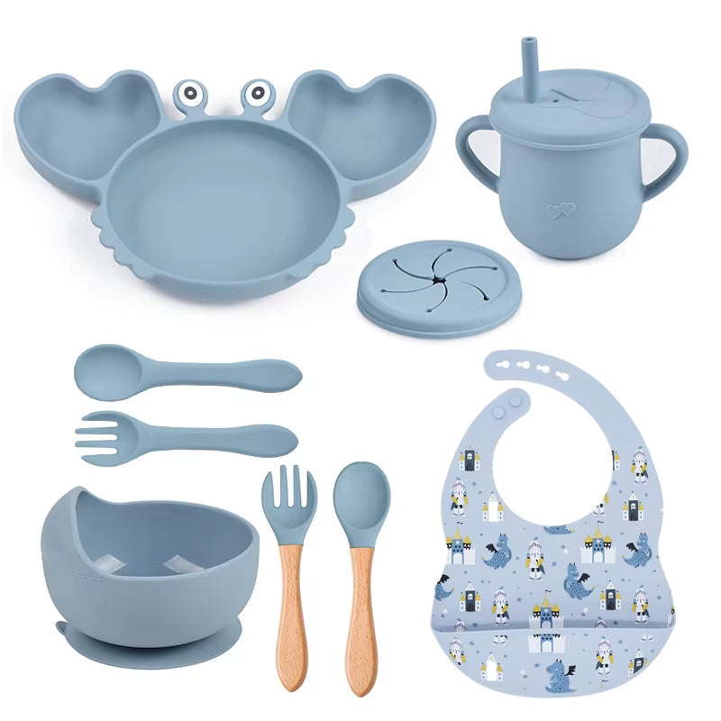 9Pcs Baby Silicone Non-Slip Suction Bowl Plate Spoon Waterproof Bib Cup Set Baby Crab Dishes Food Feeding Bowl for Kids BPA Free