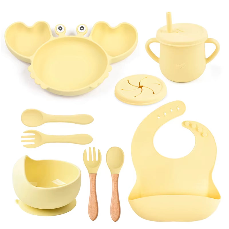 9Pcs Baby Silicone Non-Slip Suction Bowl Plate Spoon Waterproof Bib Cup Set Baby Crab Dishes Food Feeding Bowl for Kids BPA Free