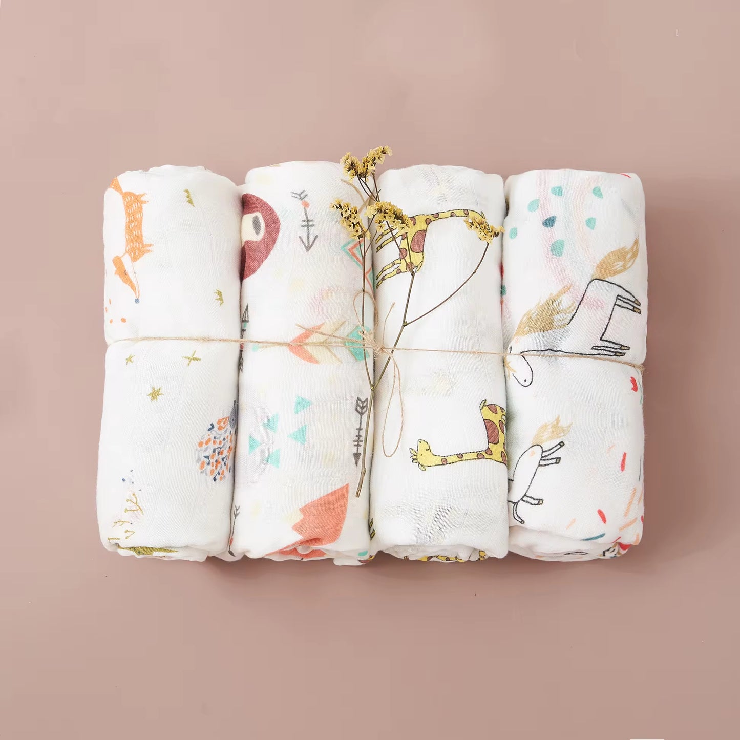 4PCS Gift Set Popular Digital Print Bamboo Cotton Muslin Swaddle Blankets 120*110Cm Newborn Baby Bath Towel Wrap