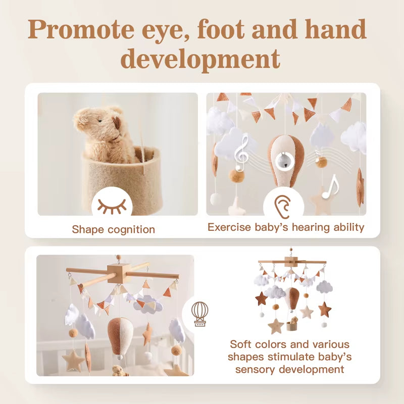 Baby Wooden Crib Mobile & Music Bed Bell — Hot Air Balloon Wind Chime Rattle Toy for Newborns, Baby Gift