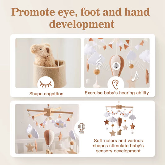 Baby Wooden Crib Mobile & Music Bed Bell — Hot Air Balloon Wind Chime Rattle Toy for Newborns, Baby Gift